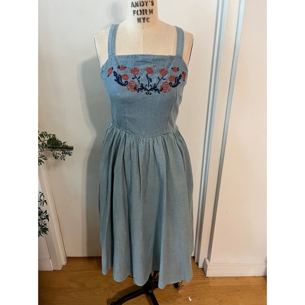 DISNEY Beauty and the Beast Belle Denim Embroidered Midi Dress Size Small
